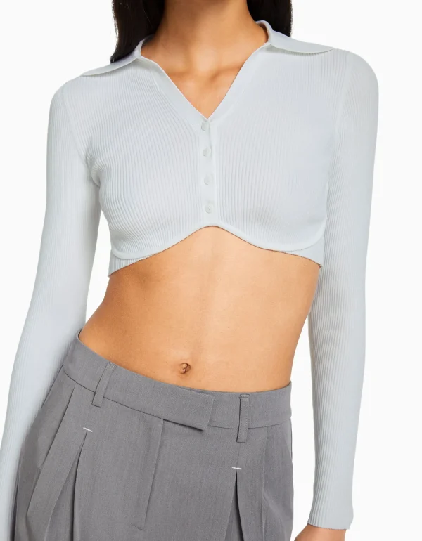 Best Cárdigan cuello polo cropped botones MUJER Punto