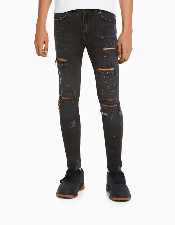 Cheap Jeans skinny rotos pintura HOMBRE Denim