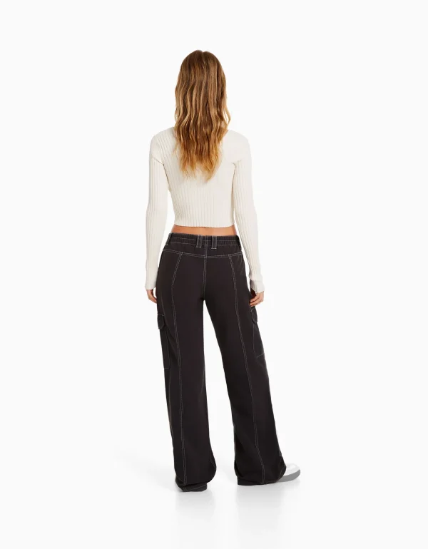 Cheap Pantalón cargo low waist algodón hilo contraste MUJER Básicos